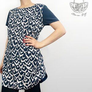 DKNYC / Abstract Pattern Short Sleeve Top Tunic  / Dark Blue White Color/ Size S
